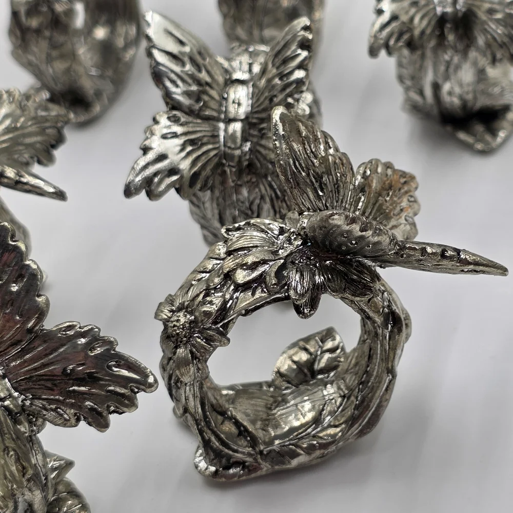 Vtg Silver Resin Butterfly Napkin Ring Hokder Set Of 7